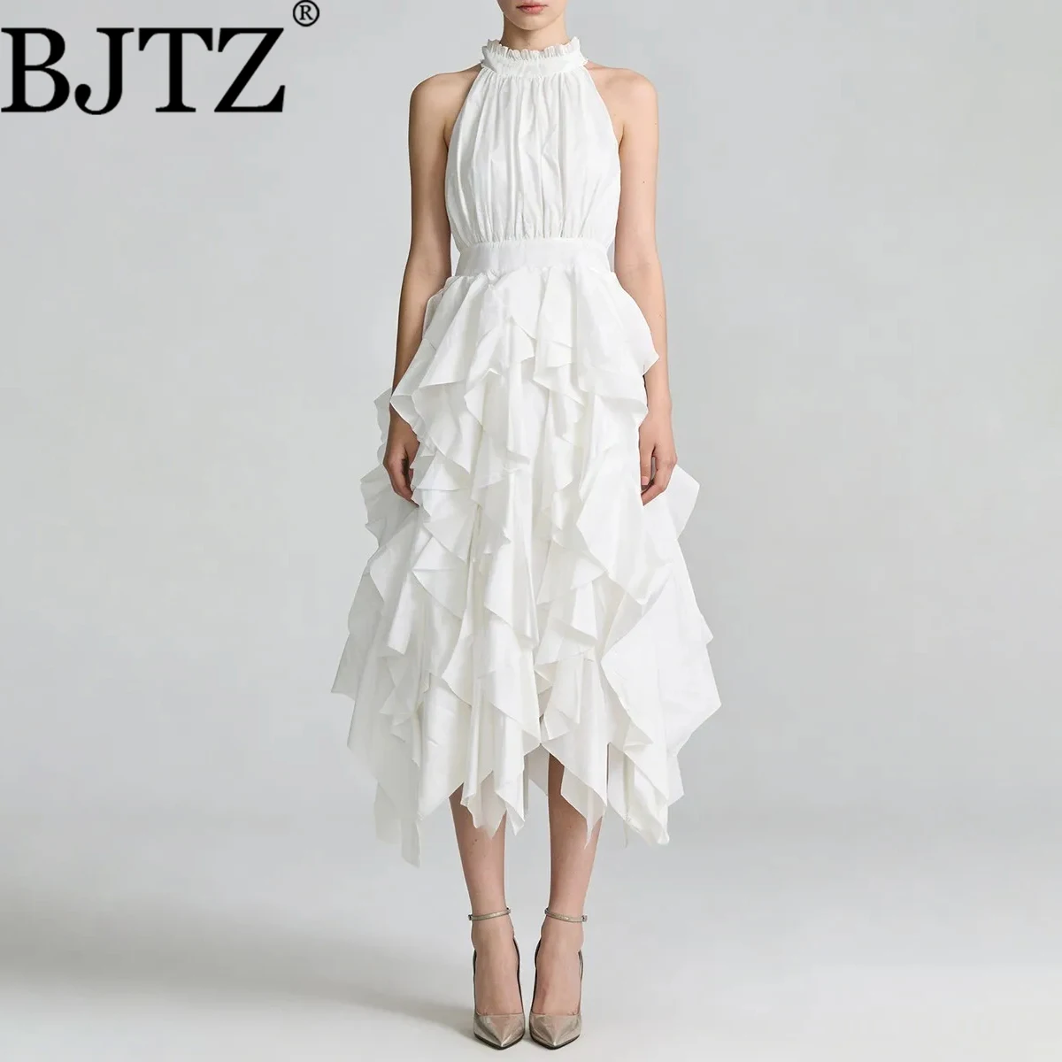 

BJTZ Асимметричное платье макси без рукавов с лямкой на шее и рюшами на талии, весна-лето, пляжный отдых, струящееся элегантное женское платье в стиле бохо