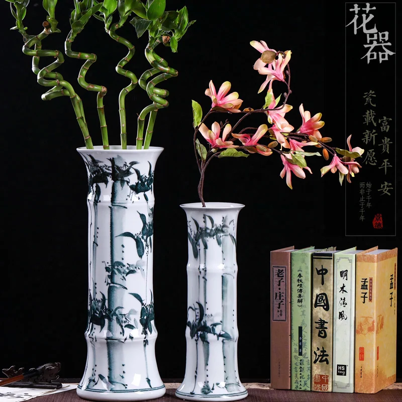 Ceramic Vase Chinese Household Living Room Decoration Hydroponic Rich Bamboo Dried Lily Flower Flower Container