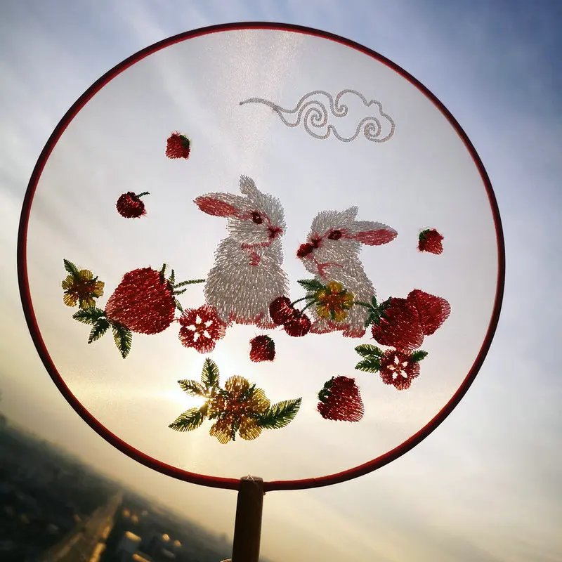 

Chinese Double Sided Embroidery Silk Fan With Auspicious Clouds Rabbit Strawberry Pattern Stitches Moon-Shaped Round Fans Chic