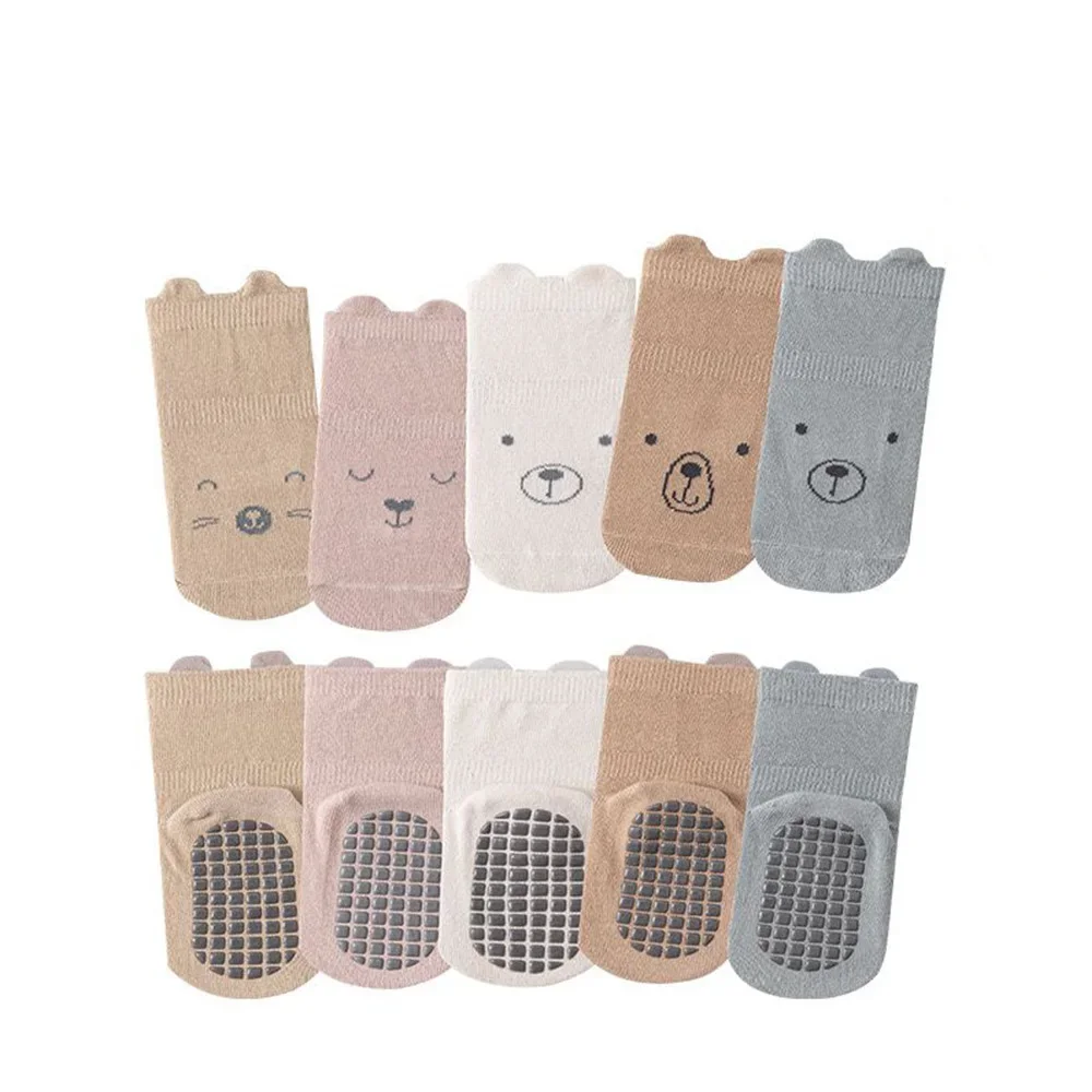 5 Pairs/lot Baby Non Slip Floor Sock 5colored Of Bear Print Infant Girl Cotton Socks Solid Autumn Anti Slip Children\'s Knee Sock