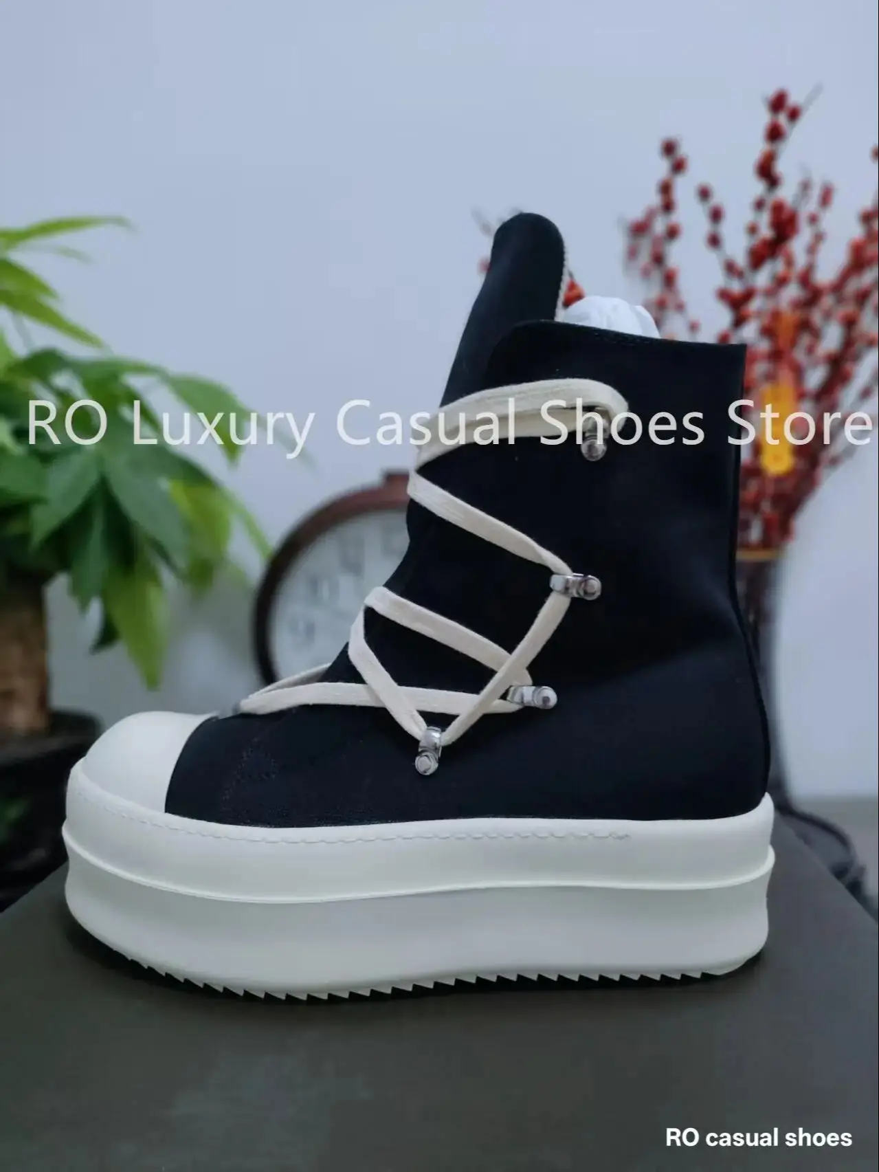 

R-o Classic Pentagram Design High Quality Women's Platform Shoes Black Canvas Men's High-Top Sneakers Luxury Thick-Soled Boots
