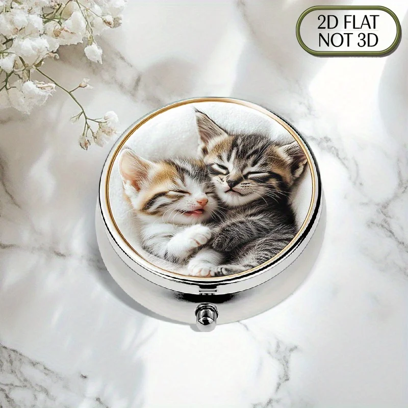 1 portable round three-compartment metal pill box with cute cat pattern - gold color, suitable for vitamins, travel, and medication - flat design