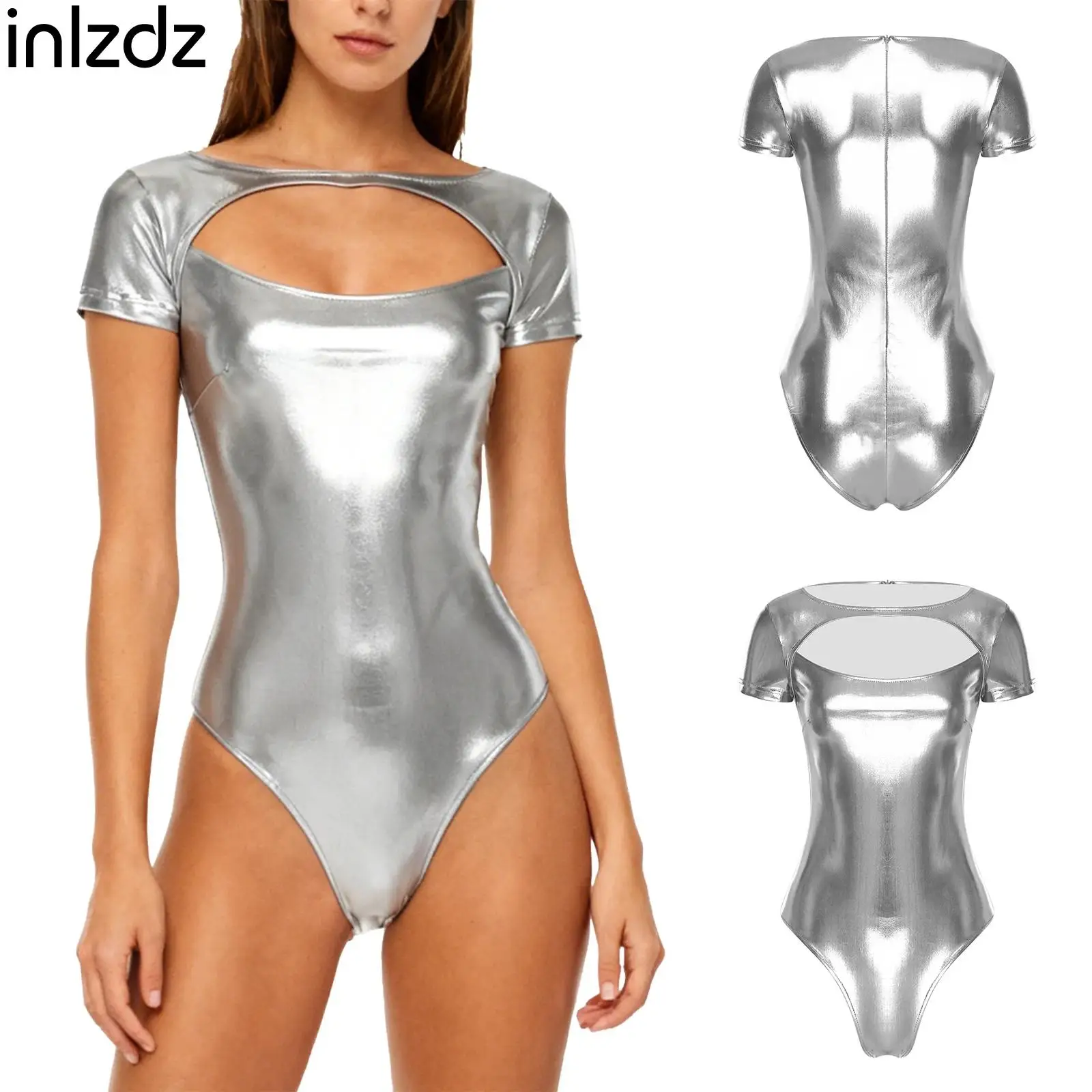 

Women's Metallic Shiny Bodysuit Beach Swimwear Short Sleeve Leotard Rock Music Festival Stage Performance Party Costume Clubwear