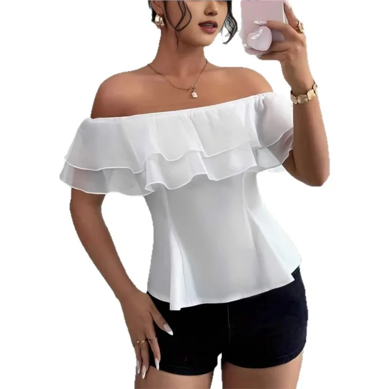 Sexy Off Shoulder Slash Neck Ruffle Women's Blouse Top Summer White Sleeveless Slim Blouses Elegant Office Lady Shirts Tops view 6
