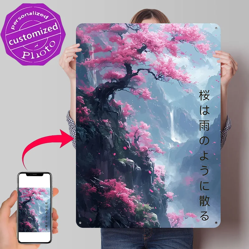 Cherry Blossom Waterfall 3D Printed Texture Poster Personalized Wall Art Retro Metal Tin Signs for Decoration Room Ornaments