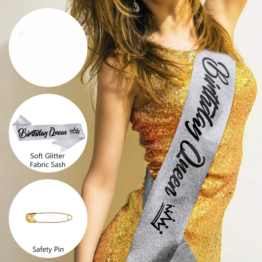 Barocke Strass-Geburtstagskönigin-Schärpe, Band, Krone, Tiara, Stirnbänder, Schärpe mit Anstecknadel, Happy Birthday Party für Frauen und Mädchen – Detail 11