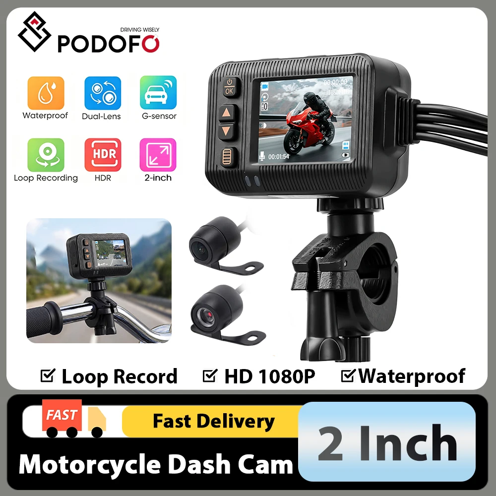 Podofo 2 Zoll 1080P Motorrad-Dashcam mit Front- und Rückkamera, Motorrad-DVR-System, unterstützt G-Sensor, wasserdicht, Loop-Aufnahme, Parküberwachung, Dashcam mit Montagehalterung