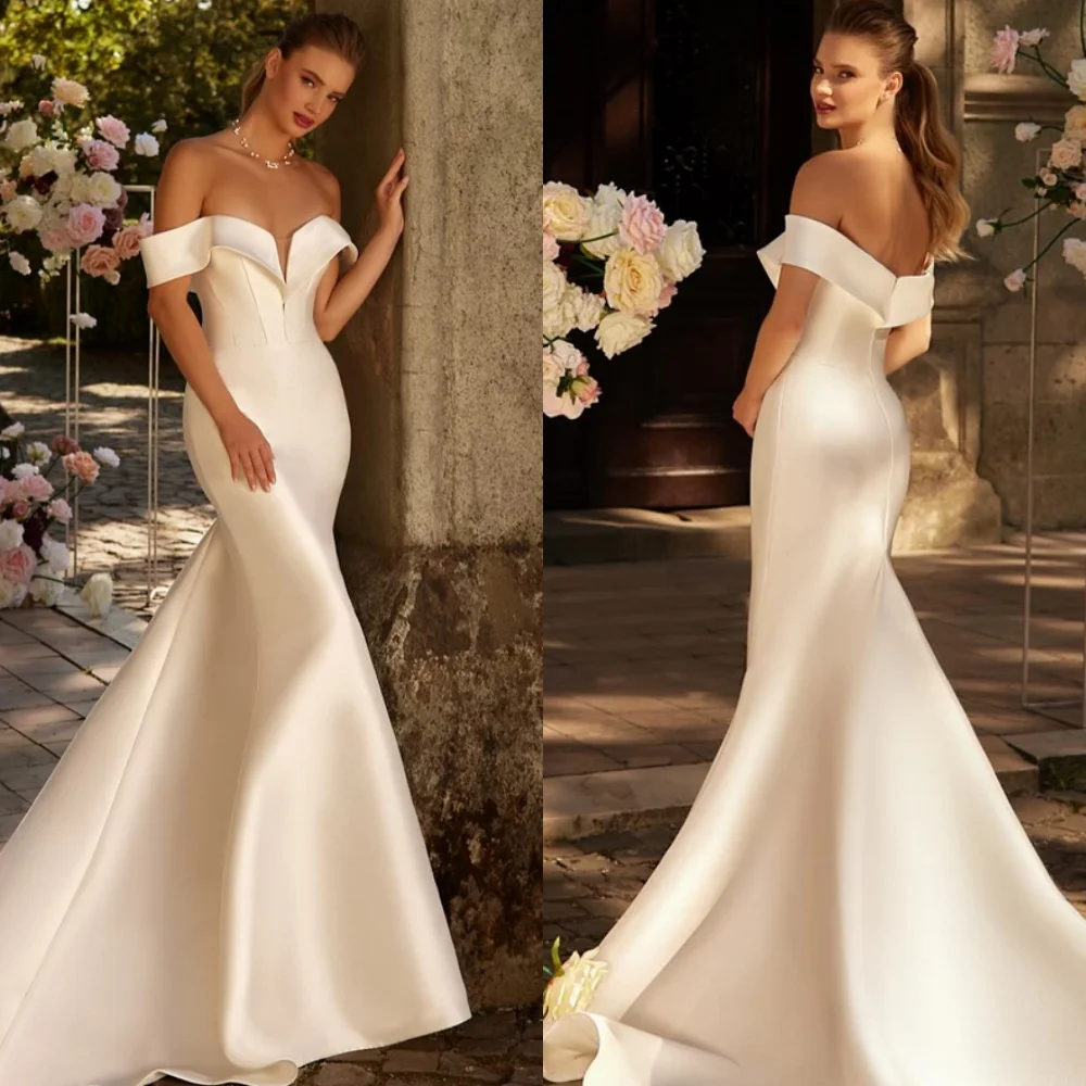

Customized Mermaid Dreamy Satin Wedding Dresses High Quality Off the Shoulder Heavy Industry Wedding Classic Bride Gowns