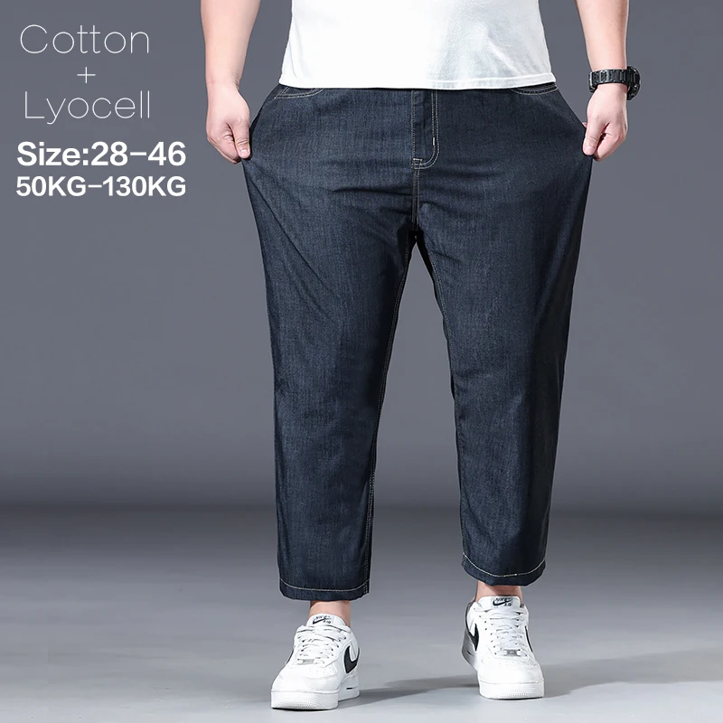 

Spring Summer Men's Loose Stretch Ankle Length Jeans Cotton Lyocell Denim Pants Fat Casual Trousers Plus Size 40 42 44 46 130KG