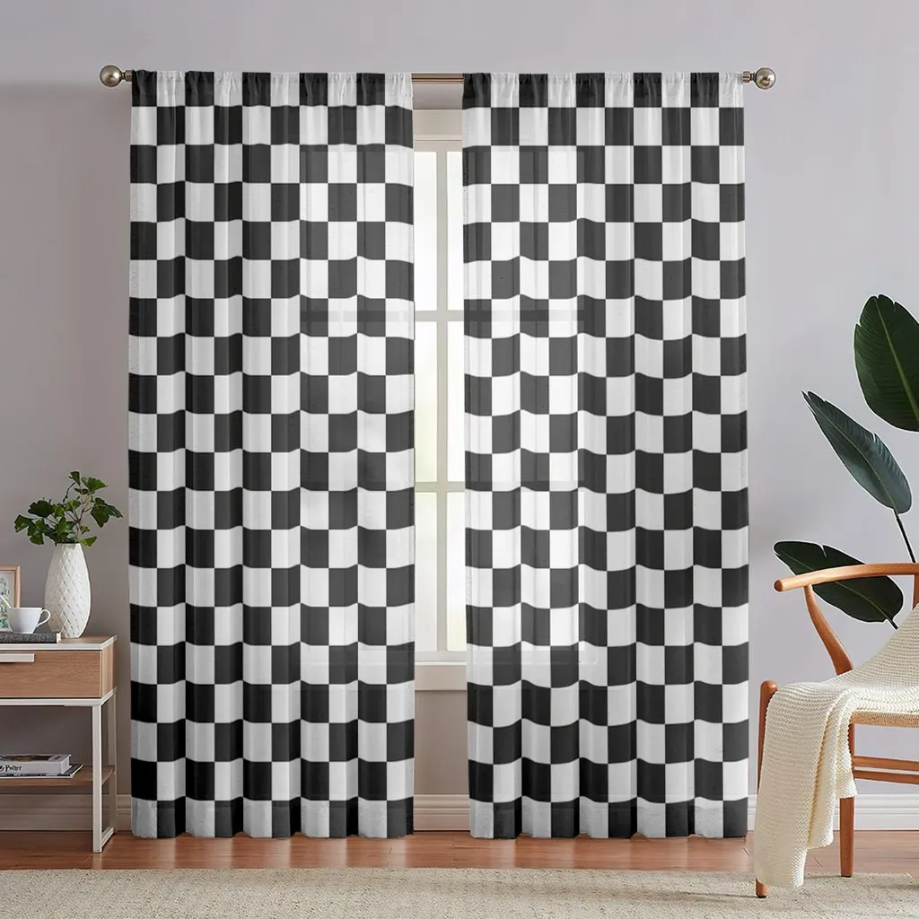 Black and White Semi Sheer Curtains Checkered Flag Racing Race Car Line Privacy Light Filtering Rod Pocket Curtains 2 Panels