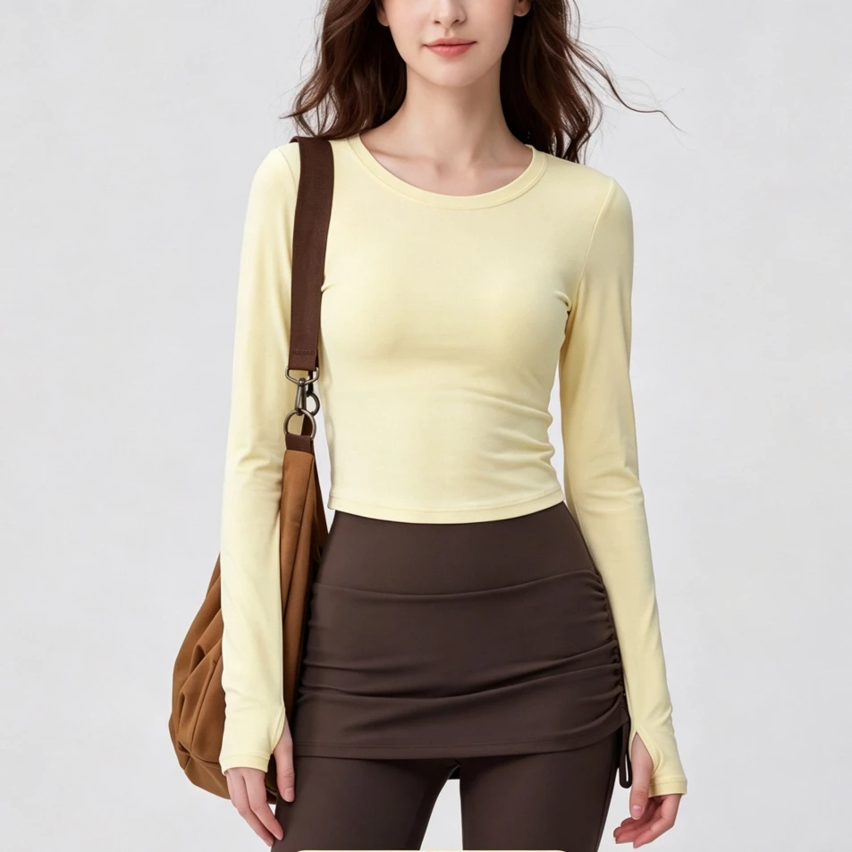 Yoga Clothes for Women Drawstring Pleats Slim Waist Fitness Clothes with Built-in Chest Pads Running Sports Long-sleeved Pilates