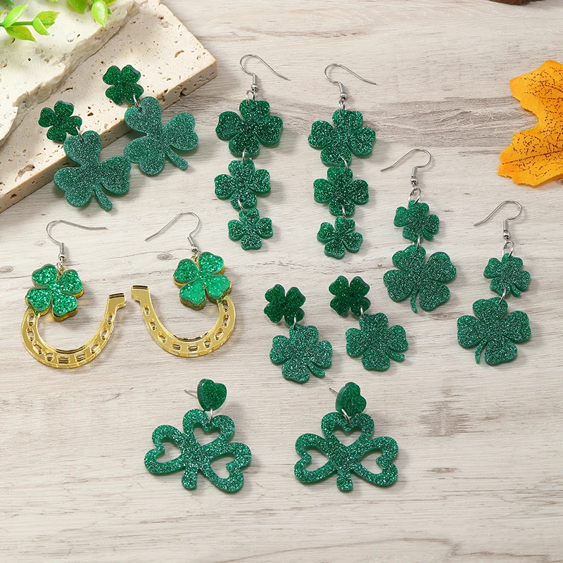 2PCS St. Patrick's Day Clover Love Flow Sequins Horseshoe Hollow Acrylic Earrings High end Carnival in Europe and America