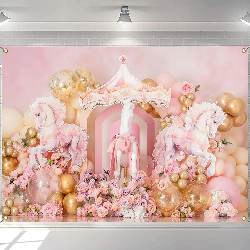 LS Photography Backdrop Pink Balloon Carousel Palace Decoration Princess Girl Birthday Party Backgrounds For Photographs