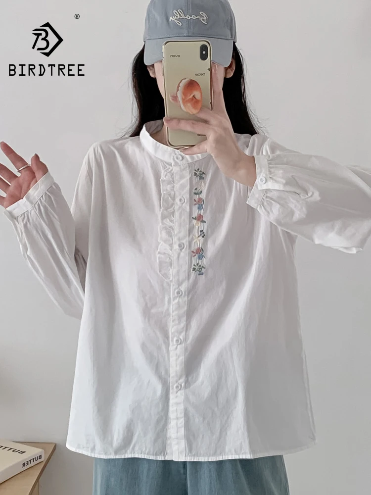 New 2026 Autumn Women Cotton Long Sleeve Shirt, Stand Ruffles Embroidery, Mori Girl Vintage Preppy Style Loose Blouse T67847CC