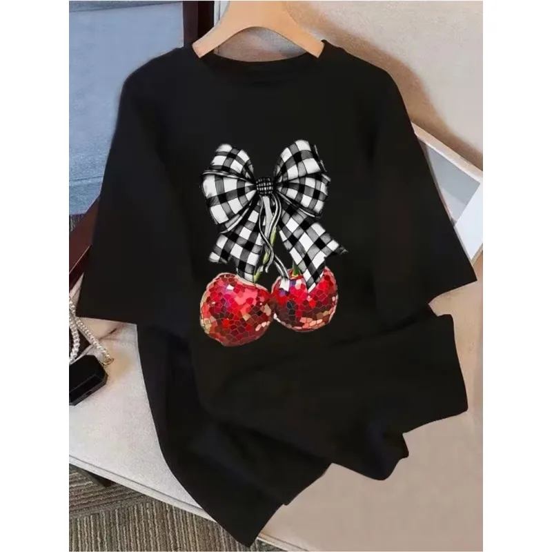 Vintage Gingham Bow Sequin Cherry Graphic T-Shirt Y2K Casual Oversized Short Sleeve Soft Loose Fit Crew Neck Top for Daily Wear