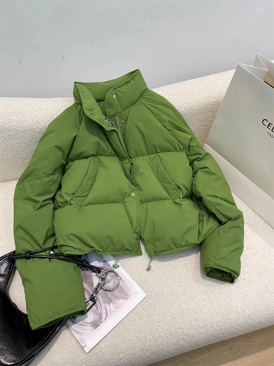 

Green Stand Collar Wadded Jacket Women's Casual Single Breasted Short Cotton Coat Korean Long Sleeved Warm Padded Clothes