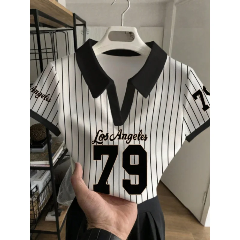 Camiseta con cuello para mujer 2026, estilo béisbol con rayas verticales, simple y elegante, refrescante y transpirable