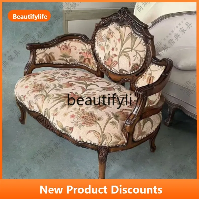 

French Retro Solid Wood Fabric Carved Sofa American Vintage Small Apartment High-End Custom Sofa