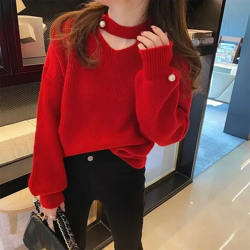 Knit Tops for Woman Red V-neck Women's Sweater Pullovers Crochet Cold Winter Y2k Fashion Korea Vintage New in Warm Knitwear 90s