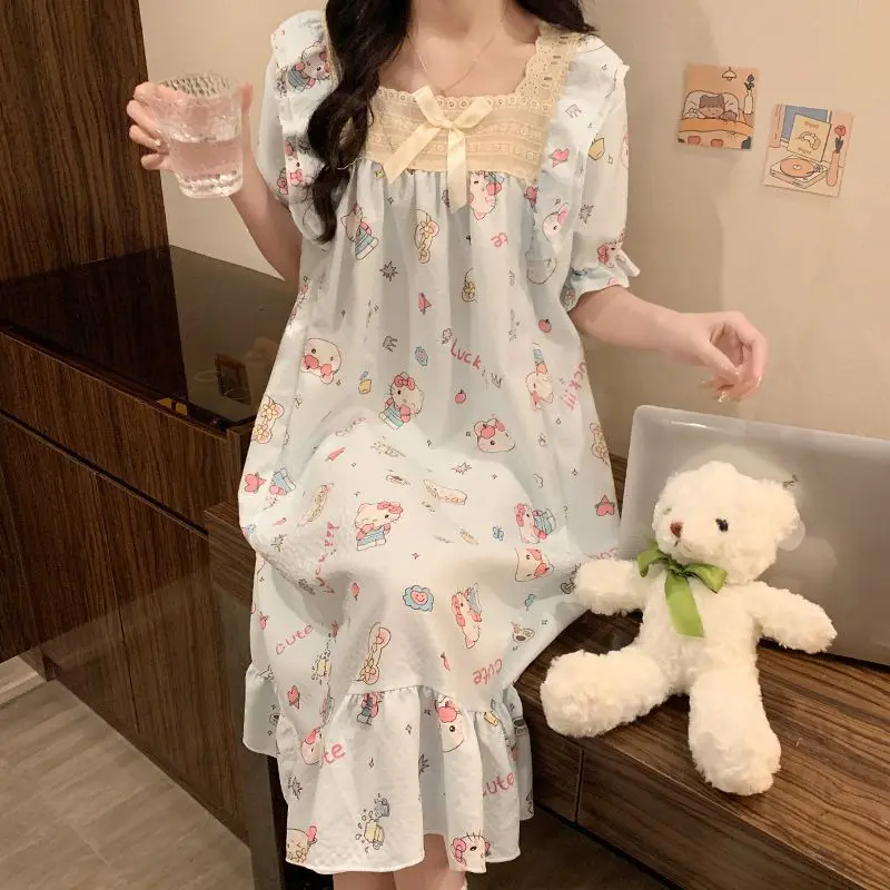 

Синяя ночная рубашка Hello Kitty, летняя женская домашняя одежда Hello Kitty, платье Sanrio с квадратным воротником, пижама Sanrio из чистого хлопка.