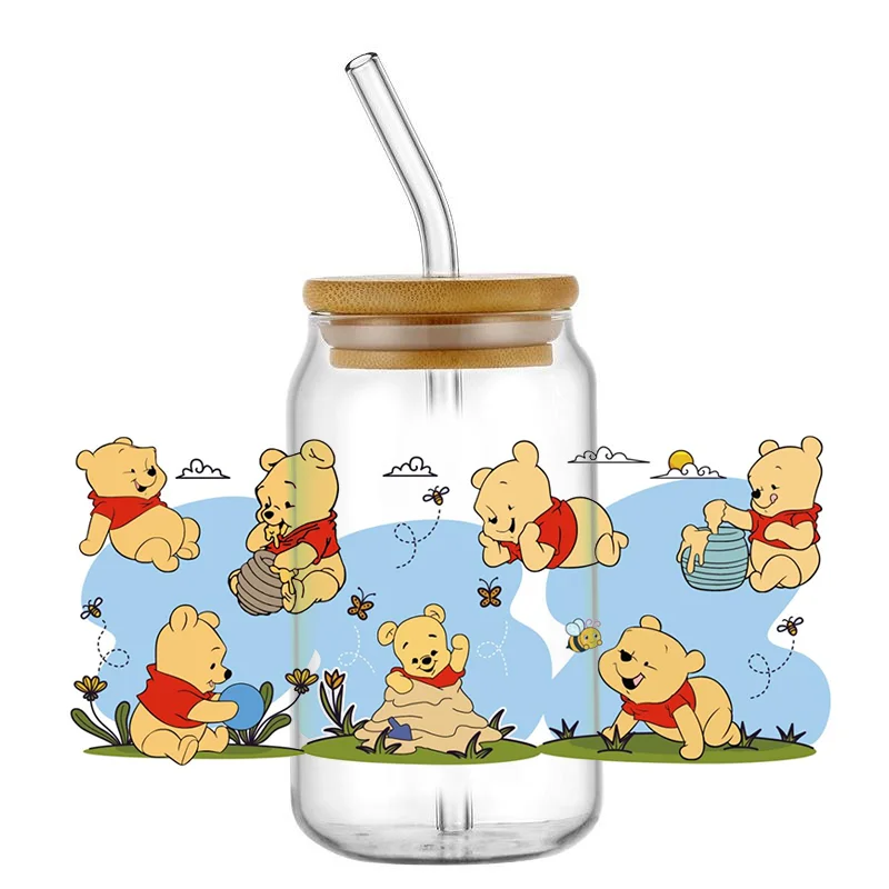 

Miniso Cartoon Bear Pattern UV DTF Transfer Sticker Pooh Waterproof Transfers Decals For 16oz Glass Cup Wrap Stickers