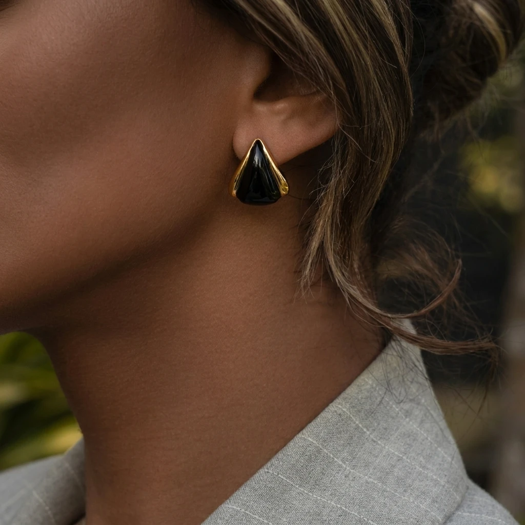 Klobige Vintage Schwarze Edelstahl-Ohrstecker für Frauen Unregelmäßige Geometrische Vergoldete Ohrringe Wasserfester Ohrschmuck – Detail 3