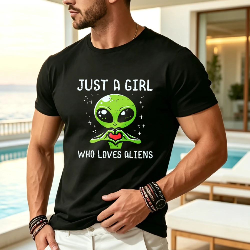 Just A Girl Who Loves Aliens Alien Print Casual T Shirt Gift Casual Vacation Party Sports Fashion T Shirt Unisex 2026 Summer Short Sleeved Printed-Unisex Holiday Gift, Casual Outing, 2026 New Style T-Shirt 180G