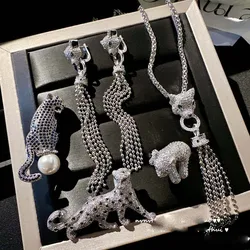 2022 Women Leopard head long tassel earring ring round bead necklace leopard head brooch