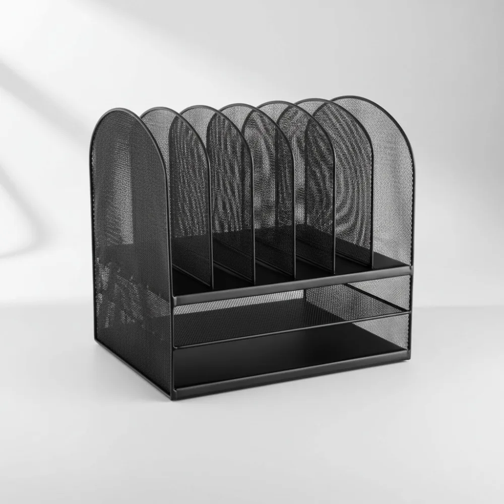 Premium Steel Mesh Desk Organizer, 6 Vertical Compartments & 2 Trays, Office Mail Sorter for Paper Files