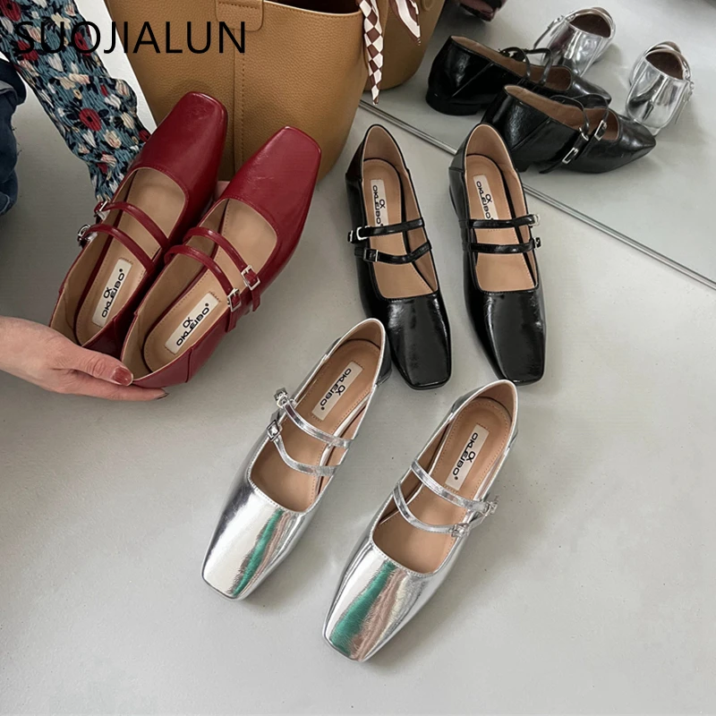 SUOJIALUN 2024 Spring New Women Flat Shoes Fashion Red Ladies Elegant Mary Jane Shoes Flat Heel Casual Dress Outdoor Ballerinas