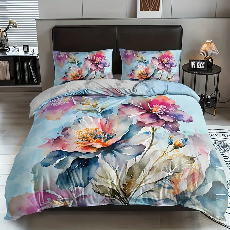 

Watercolor Floral Bedding Set (1 Duvet Cover + 2 Pillow Cases) - Home Dormitory High-Definition Print Duvet Cover Set