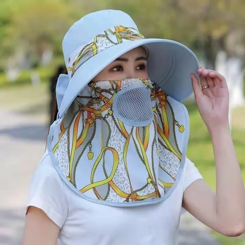 Summer Women Outdoor Print Fisherman Hat UV Protection Wide Brim Garden Work Shade Hat Breathable Face Mask Detachable Sunhat