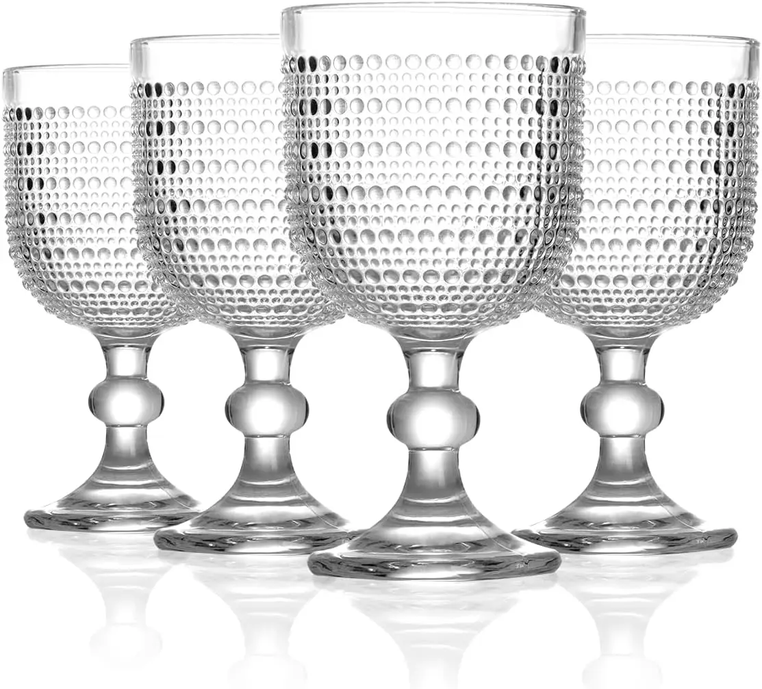

12 oz Clear Vintage Wine Glasses,Hobnail Drinking Glasses Set of 4,Embossed Goblet Glasses for Wedding,Party, Dinner,Bar