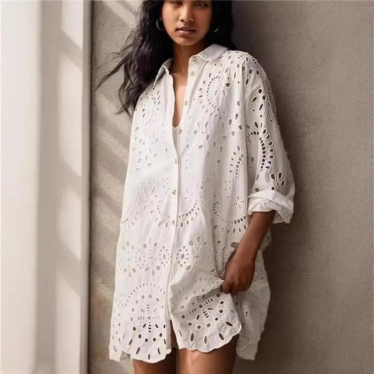 

Women's Loose Embroidered Hollowed out irt Top Pure Color Long Sve Mid-Length Cotton Blend Faionable Casual Top