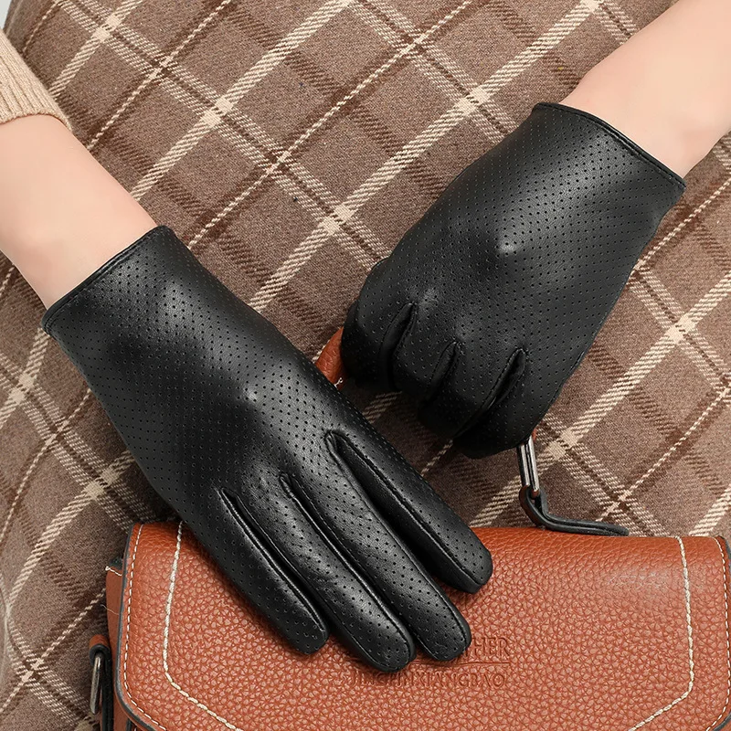 

Lady Genuine Leather Gloves Driving Cycling Spring Fashion Touchscreen Mesh Breathable guantes mujer Sheepskin Light Luxury