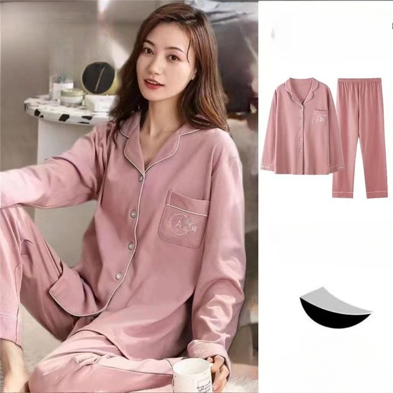Pajamas with Chest Pad Spring and Autumn Women's Long-sleeved Cardigan Autumn and Winter Can Be Worn Outside Casual Home Wear