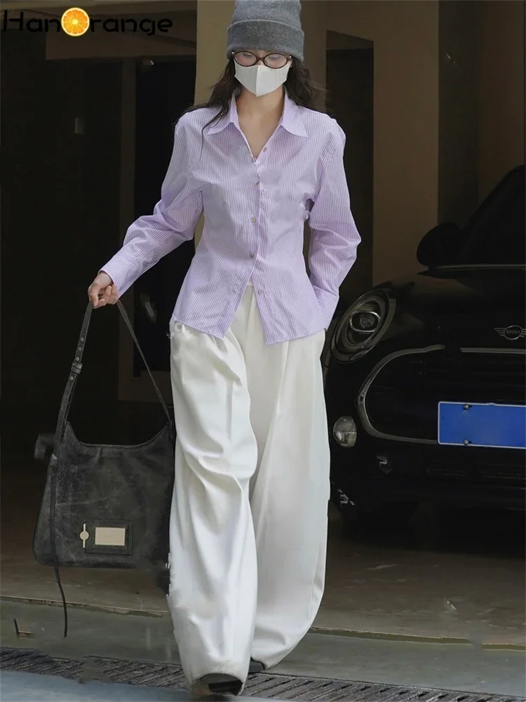 HanOrange 2025 Spring Back Hollowed Out Striped Shirt Women Sexy Silhouette Top Blue/Purple