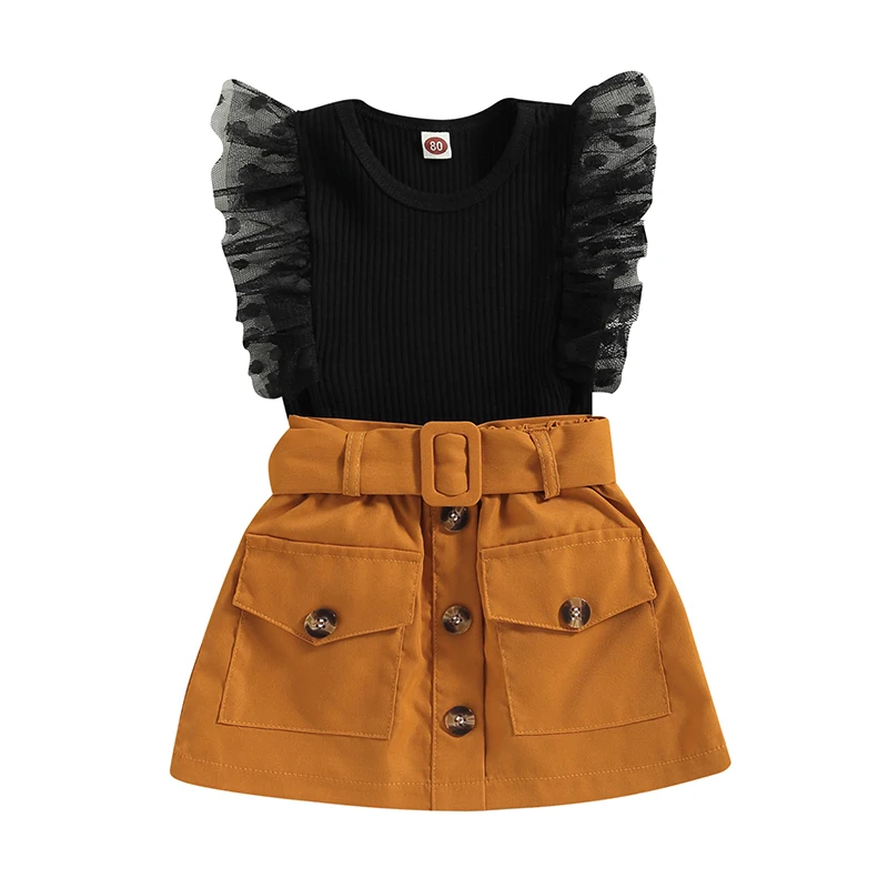 

Kids Girls Clothes Fly Sleeve Round Neck Knitting Tops Buttons Skirt Waist Belt Casual Outfits