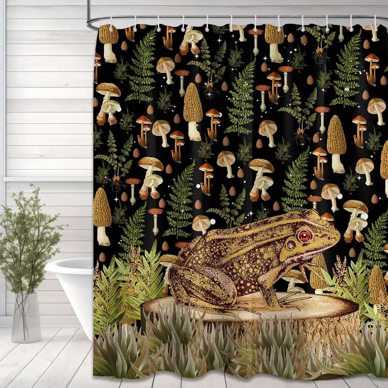 

Cottagecore Shower Curtain Frog Mushroom Botanical Vintage Nature Inspired Artistic Bathroom Decor with Hooks