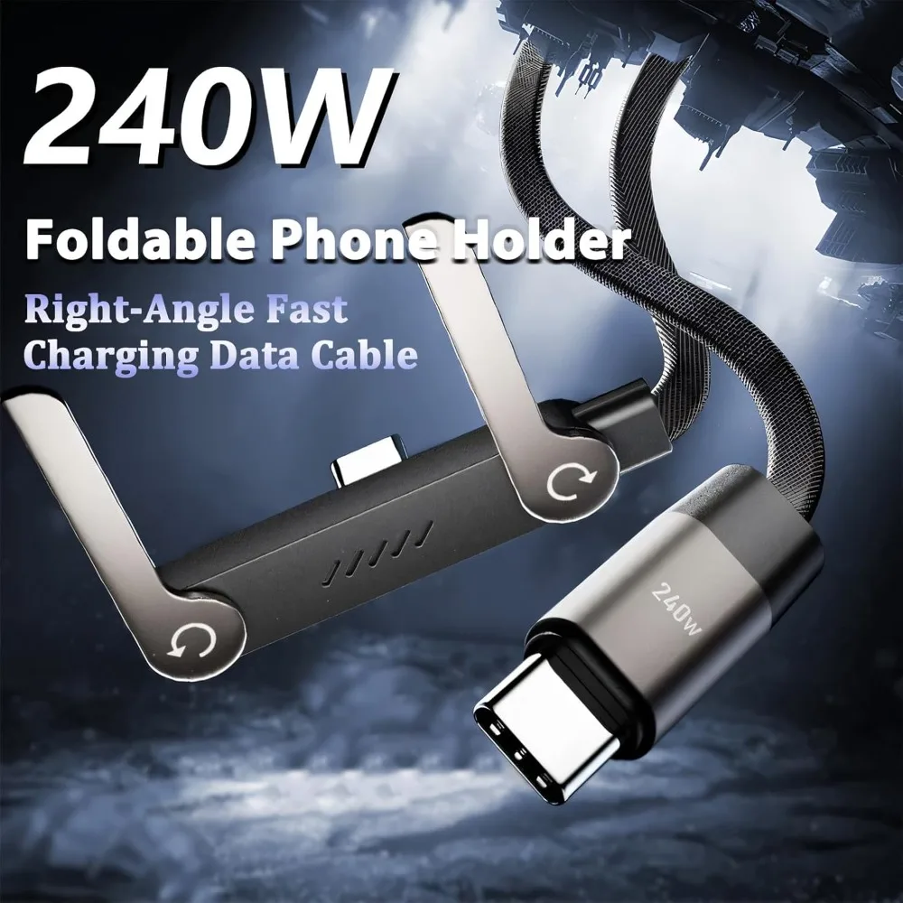 240W 1.5m Super Fast Charging Charger Cable 2 in 1 Phone Stand Fast Charging Cord Type C Braided Design for Gaming Office Travel