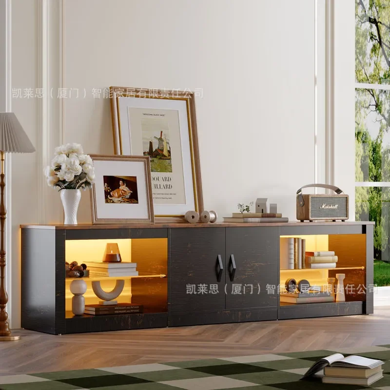 Retro American Style Glass Door TV Cabinet with Lamp Vintage Game Storage Audio Visual Console Furniture for Living Room