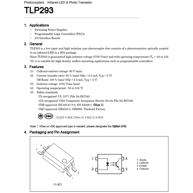 20PCS TLP293 (V4BLLTL, ET SO-4-2.6mm Code P293 B Transistor Output Optocoupler Optocoupler, Infrared LED Phototransistor