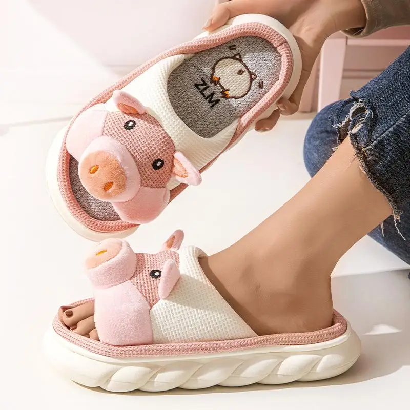 Casual Platform Slippers Women Home Cotton Hemp Cute Cartoon Pig Designer Shoes Girls Flats Fashion Popular Footwear Large Size