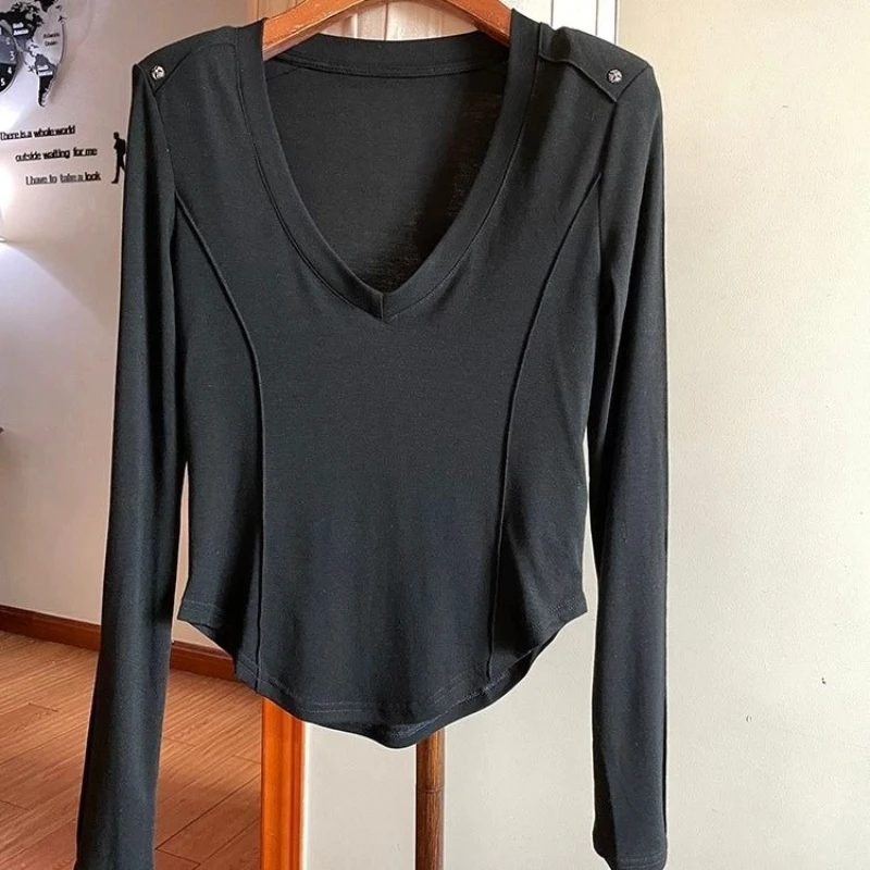 Col en V simplicité grande taille décontracté hauts nouveau printemps automne à manches longues irrégulière coréen t-shirts mode élégant femmes vêtements