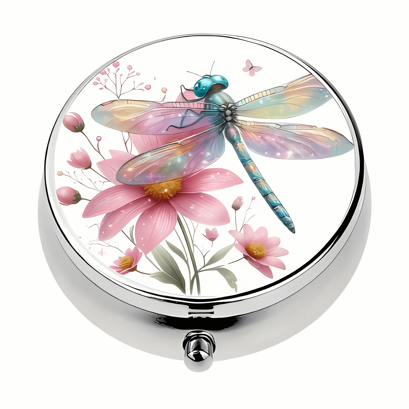 Single-pack, flat, round three-compartment pill box, designed with a dreamy gradient dragonfly and floral circular pattern, vitamin storage box, unique design, suitable for personal use or as an exquisite gift option