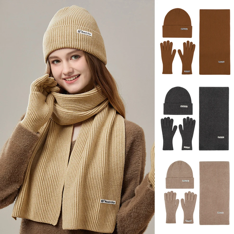 3pcs set winter hat long scarf gloves for women elegant solid color knitting beanies set women winter warm accessory