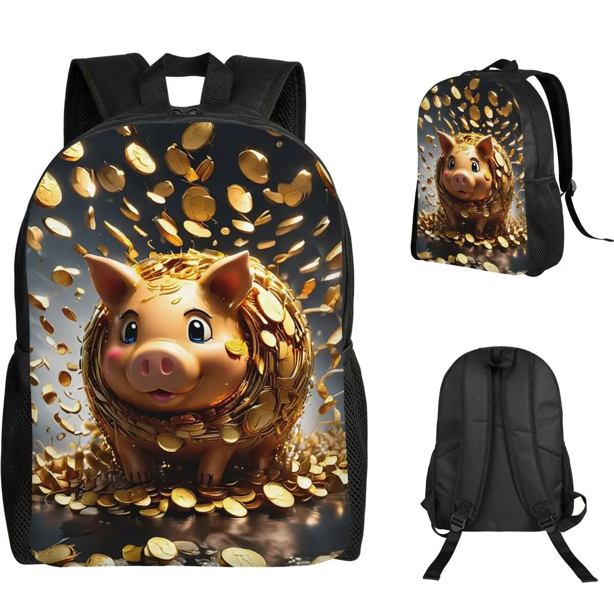 Gold Coins Flying Cute Golden Piggybank Student Backpack School Bag Hiking Travel Daypack for Boys Girls Bookbag Shoulder Bags