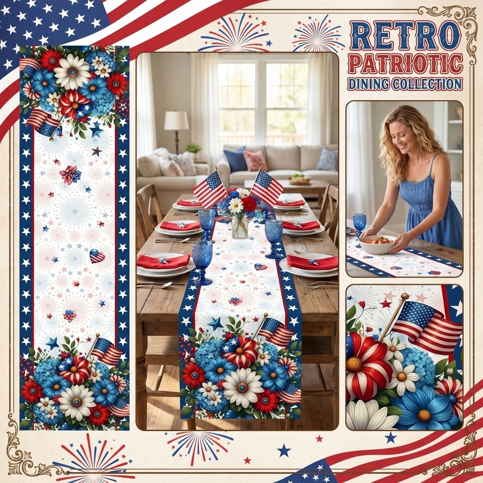 Patriotic Floral Print Table Runner 4th of July Decorative Dining Table Flag with Star and American Flag Motifs
