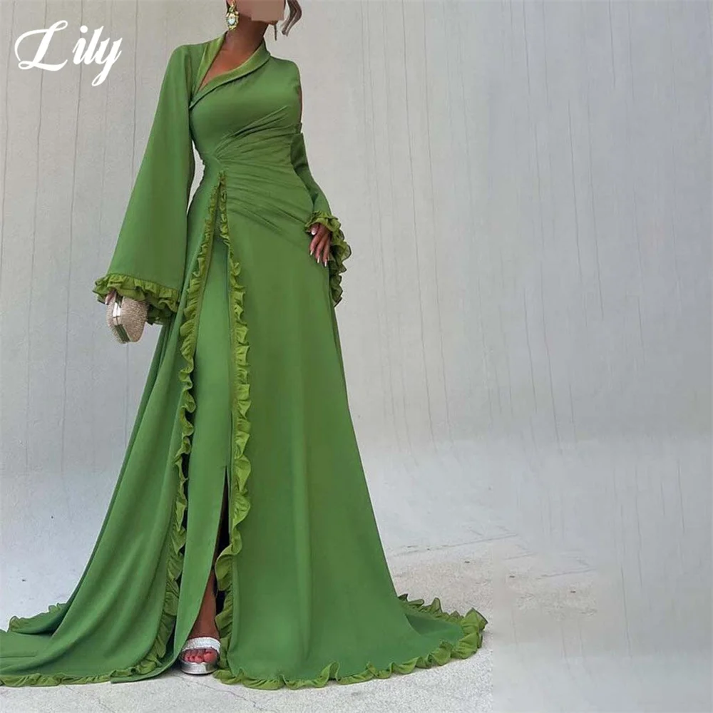 

Lily Green Evening Dress Off the Shoulder Flared Cuff Party Dresses with Side Split A Line Prom Gown robes du soir Customized