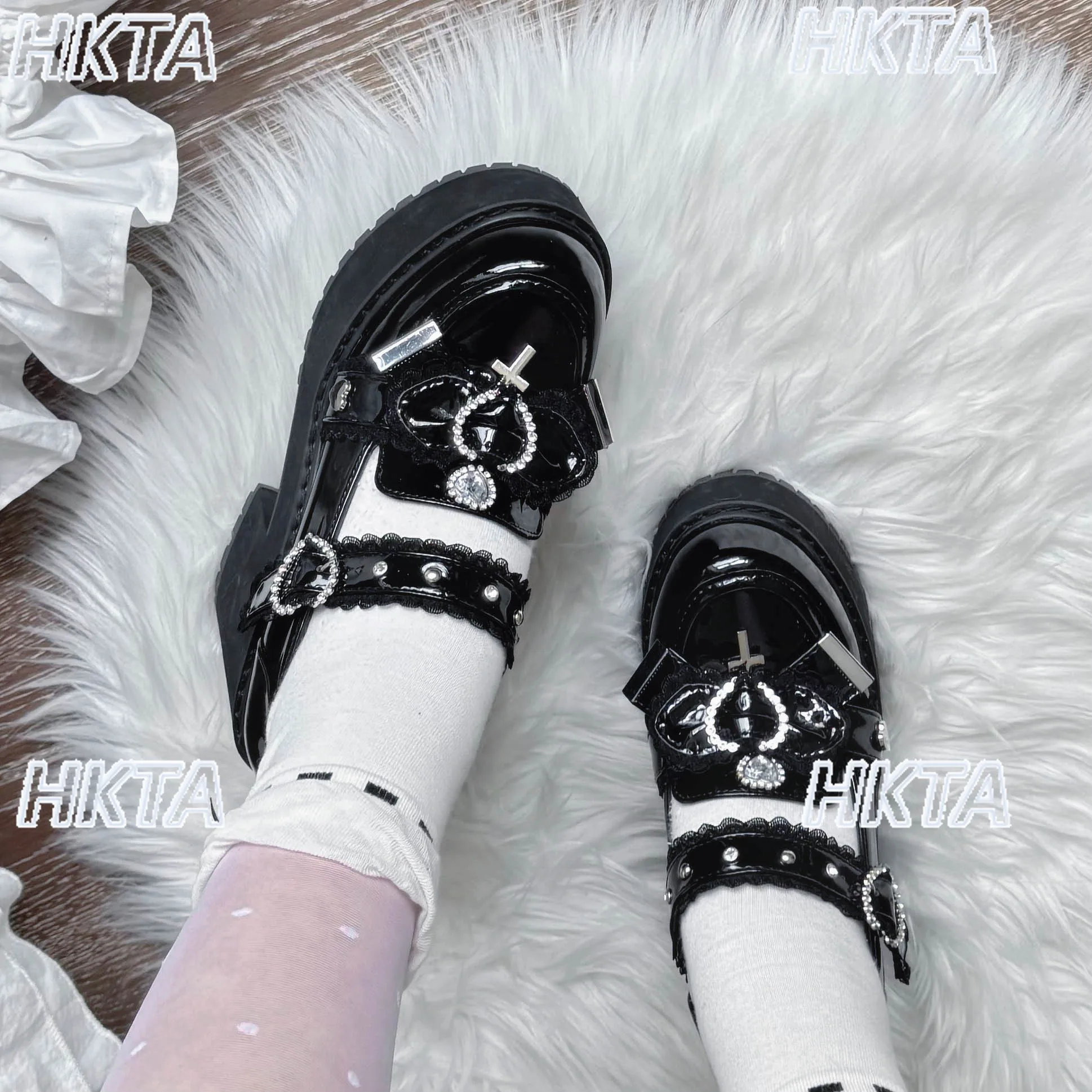 

Japanese Mass Produced Sweet Lolita High Heels Shoes Subculture Lace Bow Rhinestone Round Head Square Heel Mary Jane Shoes Women